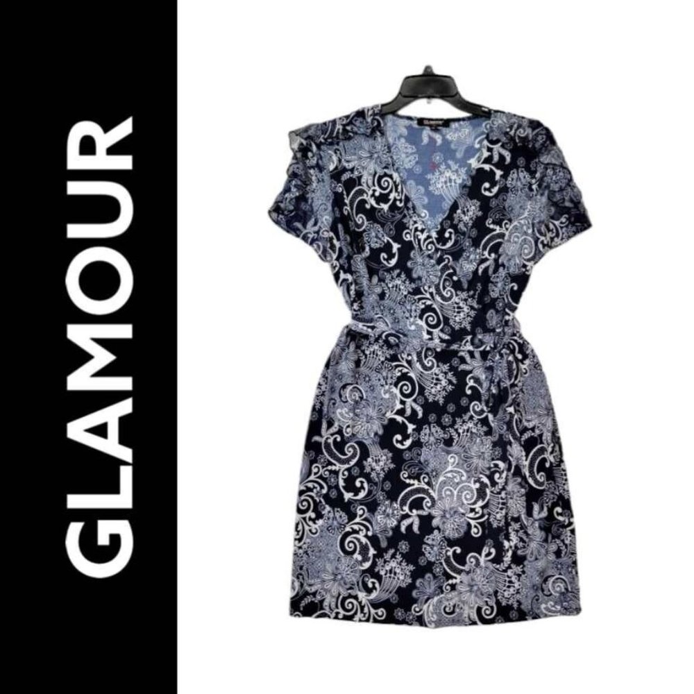 Glamour Dress Blue Size 14 Women Multicolored Shift V neck Paisley Dress Belt